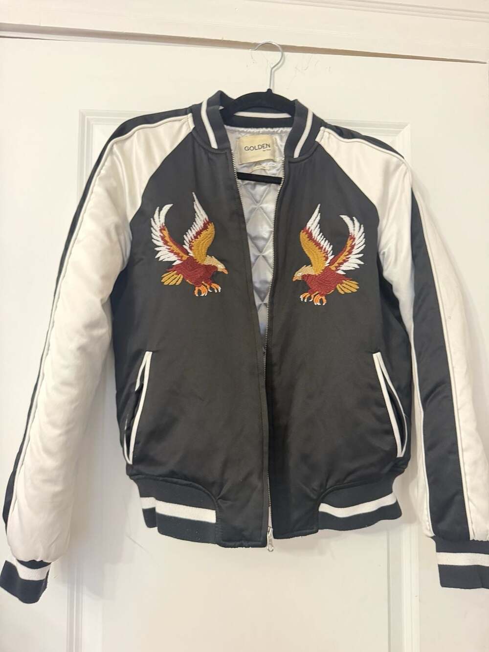 Golden by Tna Bomber Jacket Size S Black White Eagle Embroidered